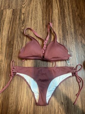 Mauve Ribbed Lace-Up Bikini Set